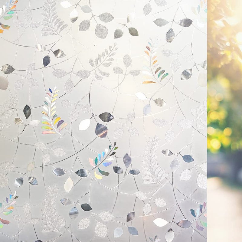 LEMON CLOUD Window Privacy Film Stained Static Cling Glass Film 3D Decorative Colorful Glass Window Sticker, Privacy Frosted Covering for Home Sliding Door(17.5 x 78.7 Inch, Rainbow Leaf) - Image 1